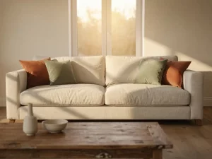 Brede linnen bank met terracotta en sagegroene kussens in zonnige woonkamer, verweerde eiken salontafel op de voorgrond.