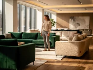 Klant vergelijkt meerdere banken in een lichte meubelshowroom met eiken vloer, groene en linnen stoffen en natuurlijk daglicht.