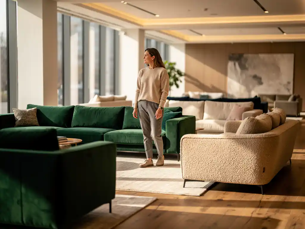 Klant vergelijkt meerdere banken in een lichte meubelshowroom met eiken vloer, groene en linnen stoffen en natuurlijk daglicht.