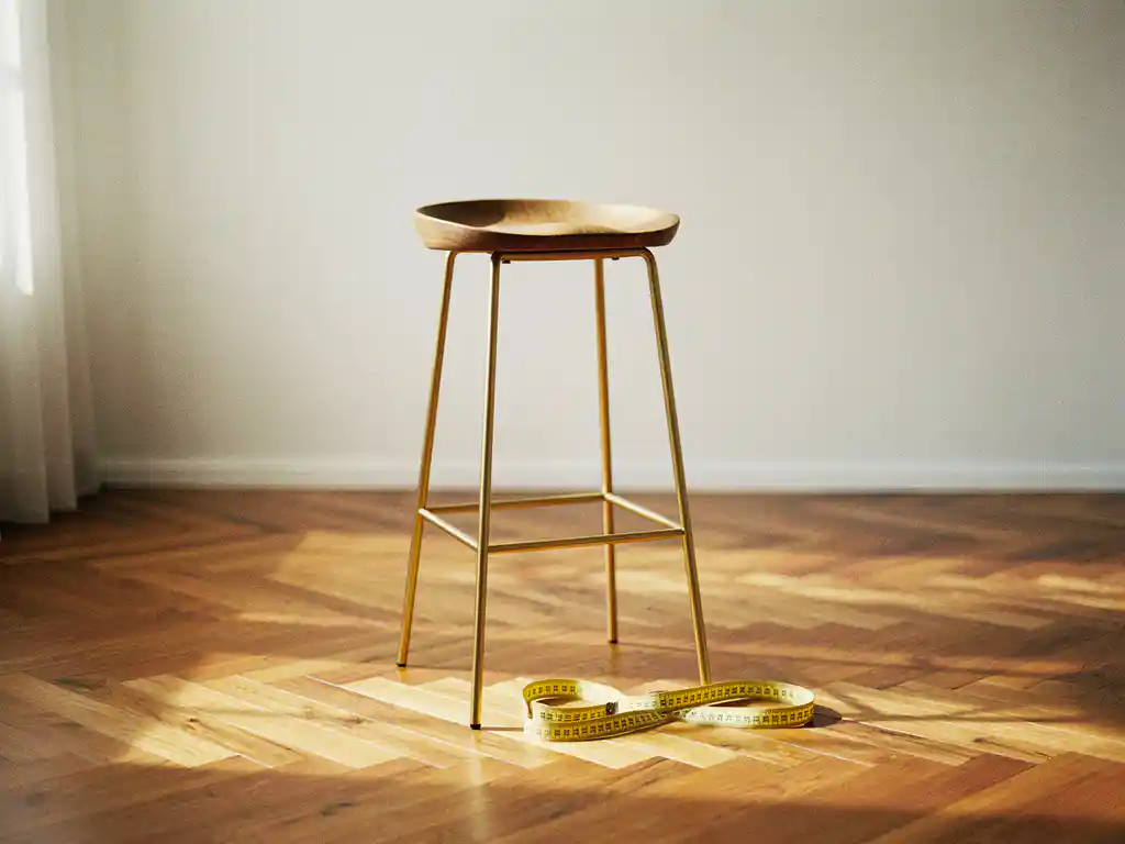 Elegante barkruk met naturel eiken zitting en slanke metalen poten op visgraatparket, met een meetlint langs de basis.