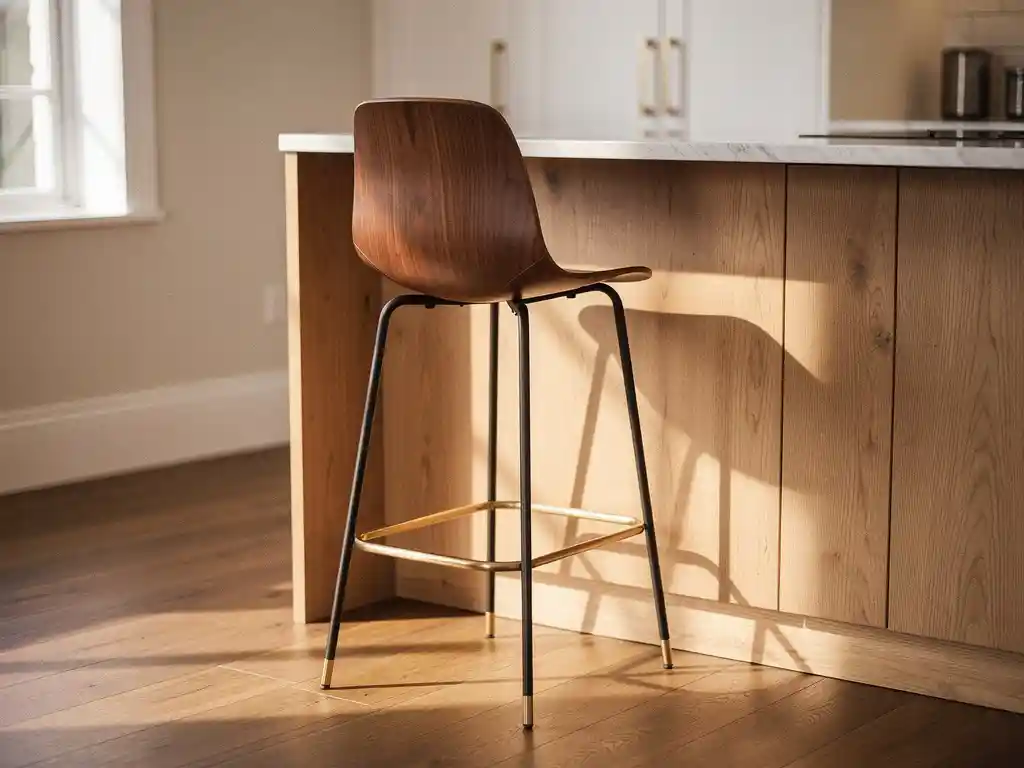 Houten barkruk met slanke metalen poten aan een eiken keukeneiland, warm middaglicht en zachte schaduwen in een stijlvol interieur.