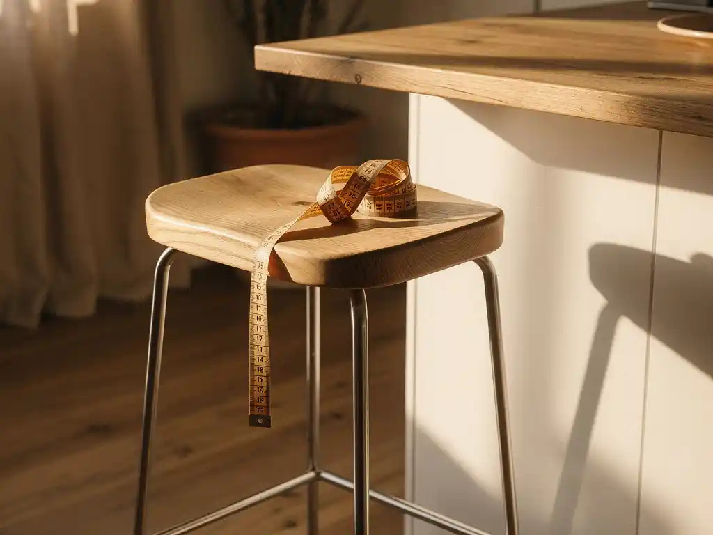 Barkruk met naturel houten zitting en smalle metalen poten naast keukenblad, houten meetlint op de zitting, warme okertinten.
