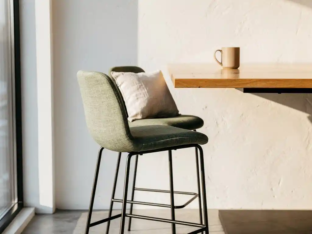 Twee gestoffeerde barkrukken onder een minimalistische eikenhouten hoge tafel in een lichte moderne kantoorhoek met linnen kussen en keramische mok.
