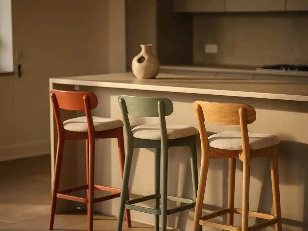 Terracotta, salie groene en eiken barkrukken rond een strak keukenblad, verlicht door warm middaglicht met linnen texturen en een keramische vaas.