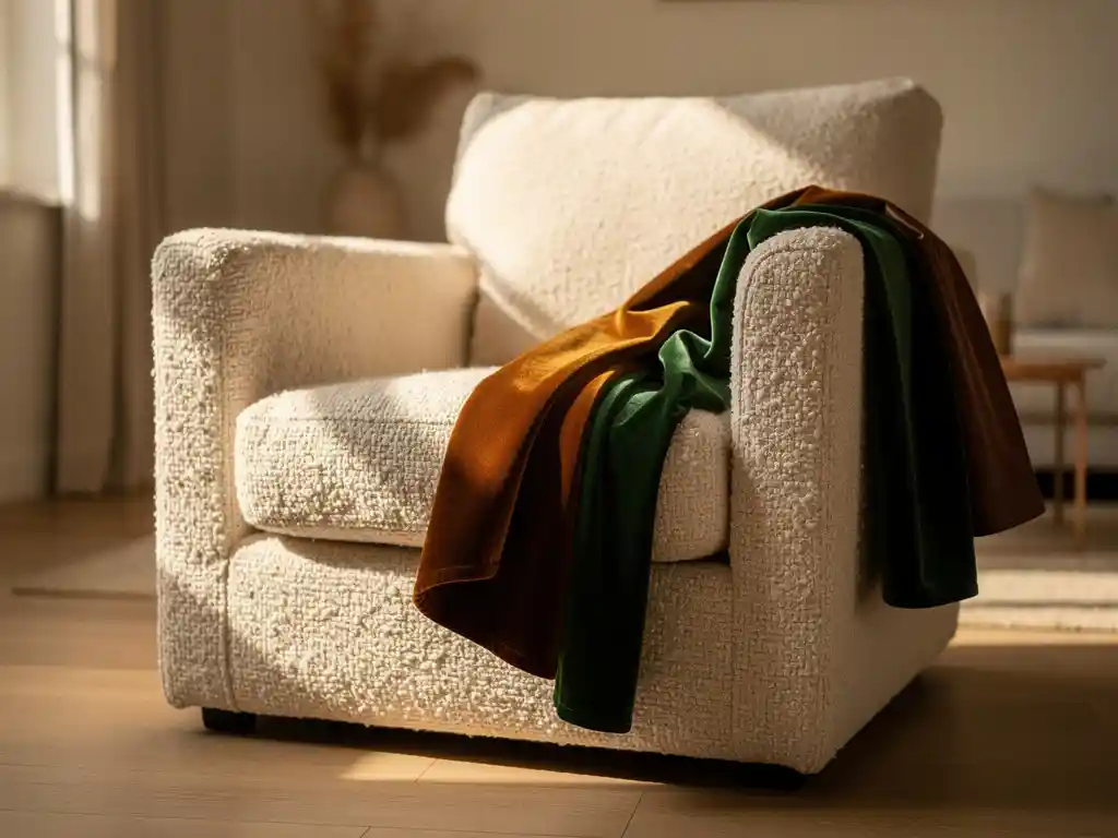Bouclé fauteuil met linnen, fluwelen en leren stalen in ivoor- en cognactinten, zacht middaglicht in gezellige woonkamer.
