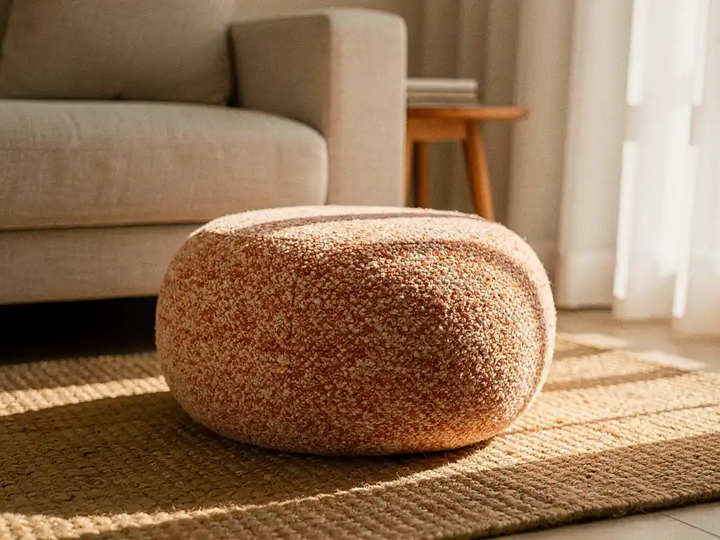 Ronde bouclé poef in zand- en terracottatinten op een juten vloerkleed, met linnen bank en houten bijzettafel in warm middaglicht.
