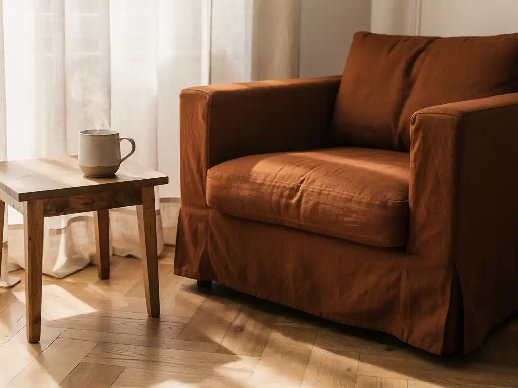 Cognac linnen fauteuil met brede armleuningen naast een rustieke eiken bijzettafel met dampende keramische mok, zacht middaglicht.