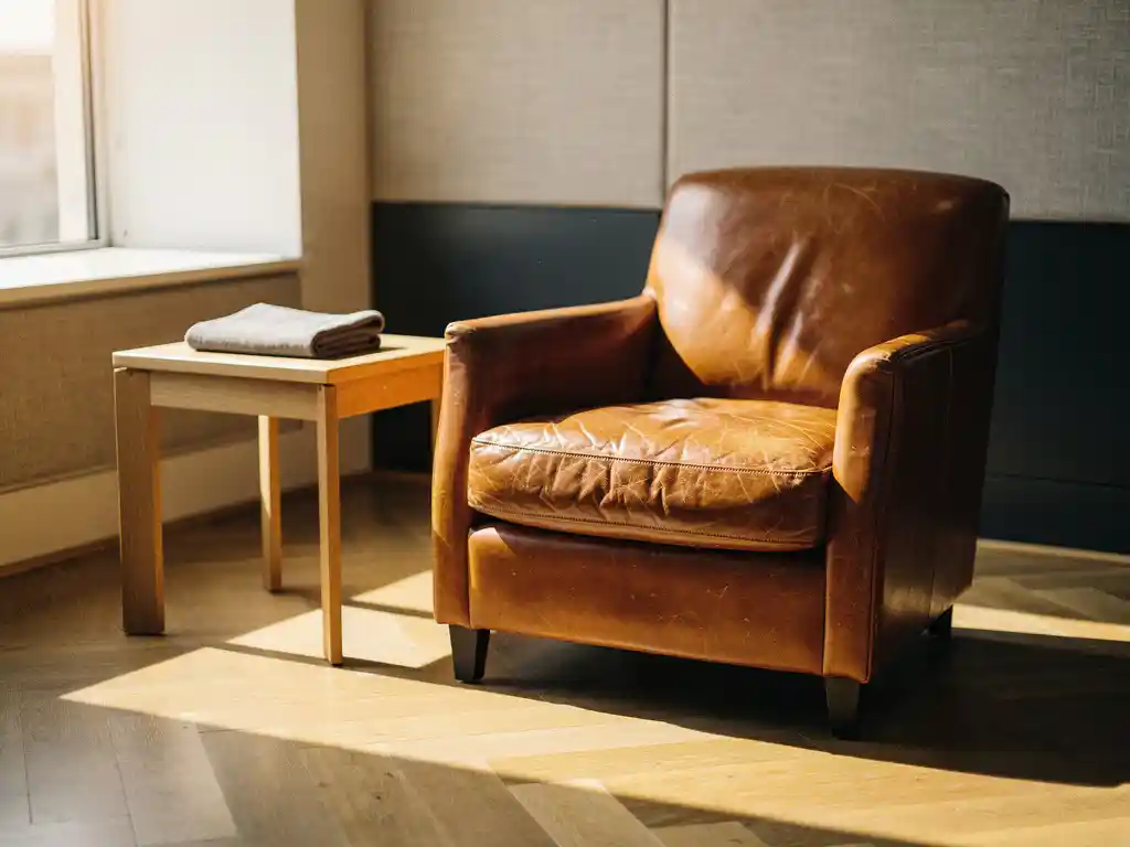 Cognac leren fauteuil in een stijlvolle bedrijfslounge met eikenhouten bijzettafel, stoffen staal en zacht middagslicht op visgraatvloer.