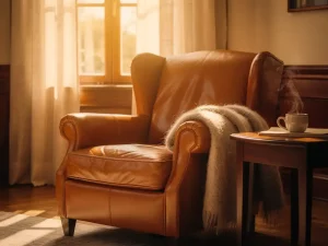 Cognac leren fauteuil met wollen plaid bij zonnig raam, dampende kop naast walnoten bijzettafel in warme woonkamer.