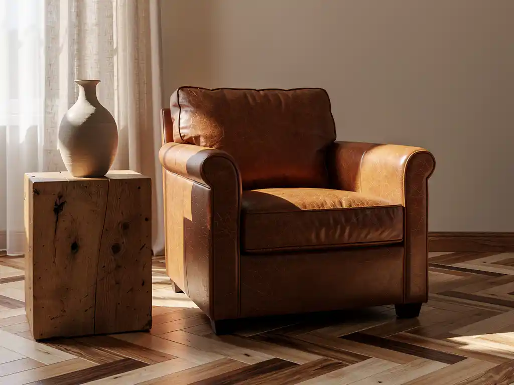 Cognac leren fauteuil naast rustiek houten bijzettafeltje met keramische vaas, zacht middaglicht door linnen gordijnen op visgraateikenhouten vloer.