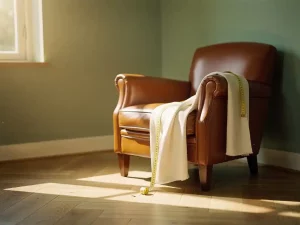 Cognac lederen fauteuil in hoek van Nederlandse woonkamer met meetlint op de armleuning en eiken visgraatparket.
