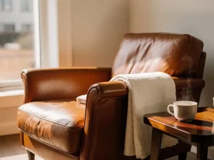 Cognac leren fauteuil met linnen plaid naast zonnig raam, bijzettafel met dampende kop, warme houttinten.