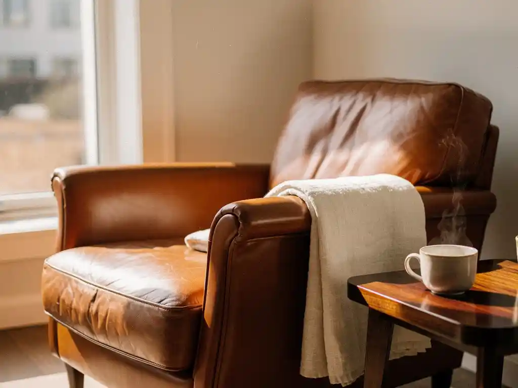 Cognac leren fauteuil met linnen plaid naast zonnig raam, bijzettafel met dampende kop, warme houttinten.