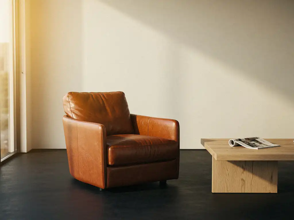 Cognac lederen loungestoel in lichte kantoorontvangruimte met eiken salontafel en architectuurtijdschrift in middagzon.