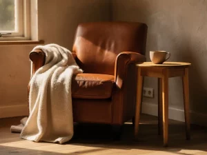 Cognac leren fauteuil met wollen plaid in zonnige Nederlandse woonkamer, bijzettafel met dampende kop thee, warme eikenhouten accenten.
