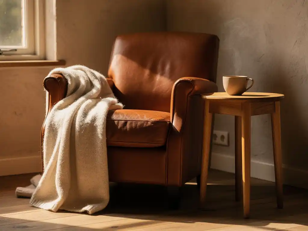 Cognac leren fauteuil met wollen plaid in zonnige Nederlandse woonkamer, bijzettafel met dampende kop thee, warme eikenhouten accenten.