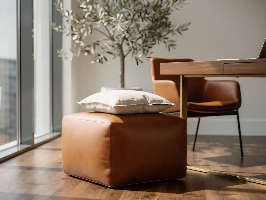 Cognac leren poef met linnen kussen naast een houten bureau en lage fauteuil in een stijlvol kantoorhoekje met olijfboom.