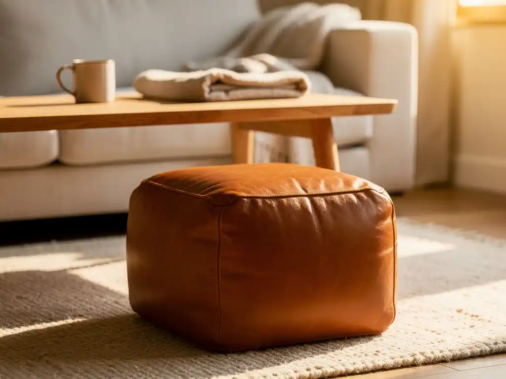 Cognac leren poef op wollen vloerkleed in zonnige woonkamer met linnen bank en houten salontafel op de achtergrond.