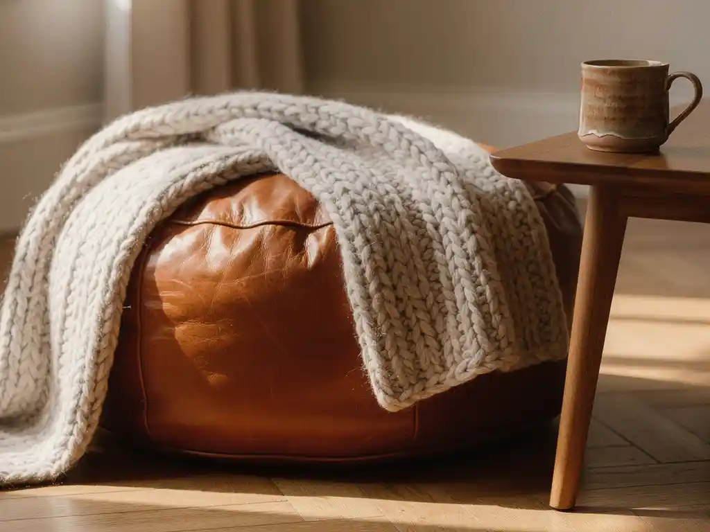 Ronde cognackleurige leren poef op visgraateikenhouten vloer, met chunky gebreide plaid en keramische mok op laag houten tafeltje.