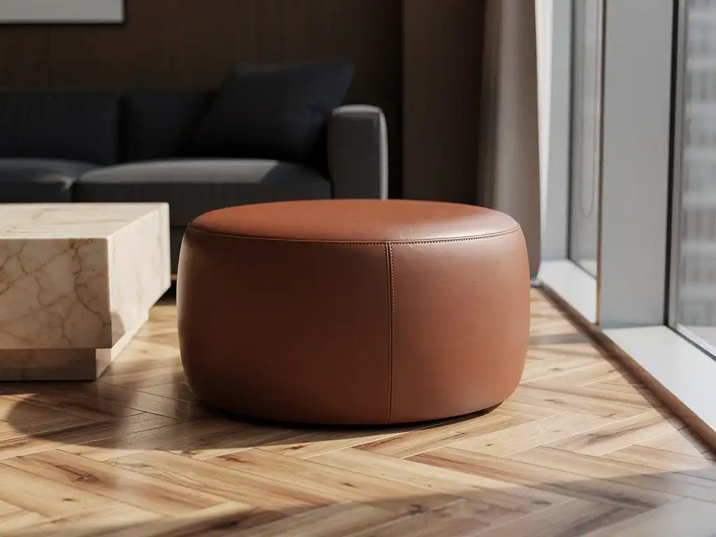 Cognac leren pouf op visgraatparket naast marmeren bijzettafel in een stijlvolle corporate lounge met natuurlijk licht.