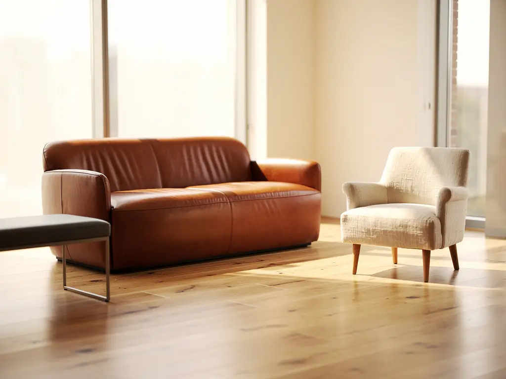 Cognac leren gebogen bank in een zonlichte showroom met minimalistische bank en linnen fauteuil op eiken houten vloer.