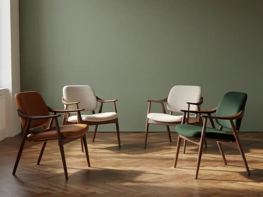 Collectie iconische designerstoelen van hout, leer en geweven stof op eiken visgraatparket, met zacht daglicht en saliegroen.