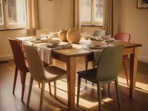 Eiken eettafel met zes verschillende stoelen in terracotta, salie en crème, keramisch servies en linnen servetten in warm middaglicht.