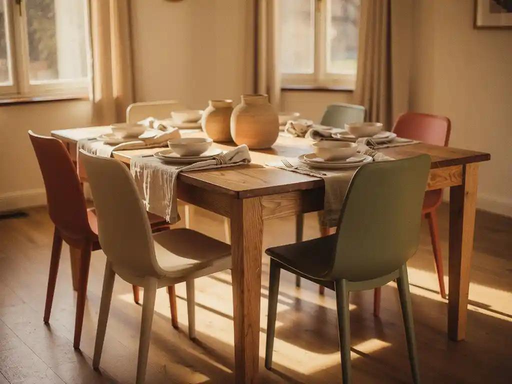 Eiken eettafel met zes verschillende stoelen in terracotta, salie en crème, keramisch servies en linnen servetten in warm middaglicht.