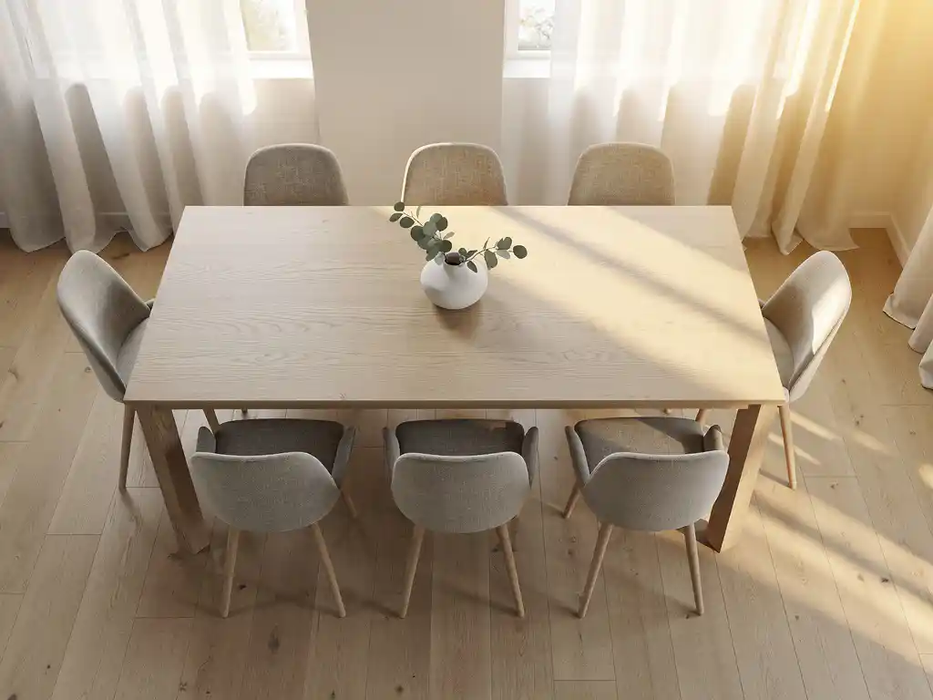 Scandinavische eetkamer met eiken vloer en zes gestoffeerde stoelen in neutrale tinten rond een tafel met keramieken centerpiece.