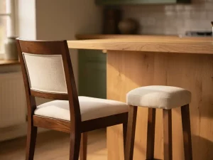 Gestoffeerde eetkamerstoel naast een hoge barkruk aan een eiken keukenbar, warme interieursetting met natuurlijk licht.