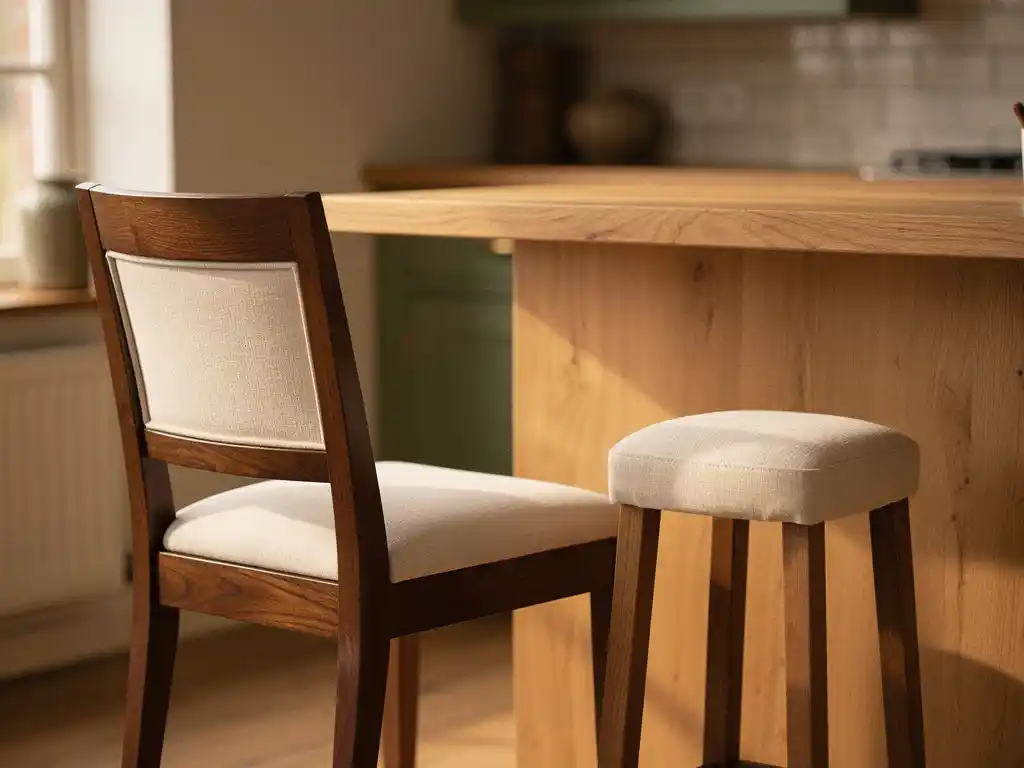 Gestoffeerde eetkamerstoel naast een hoge barkruk aan een eiken keukenbar, warme interieursetting met natuurlijk licht.