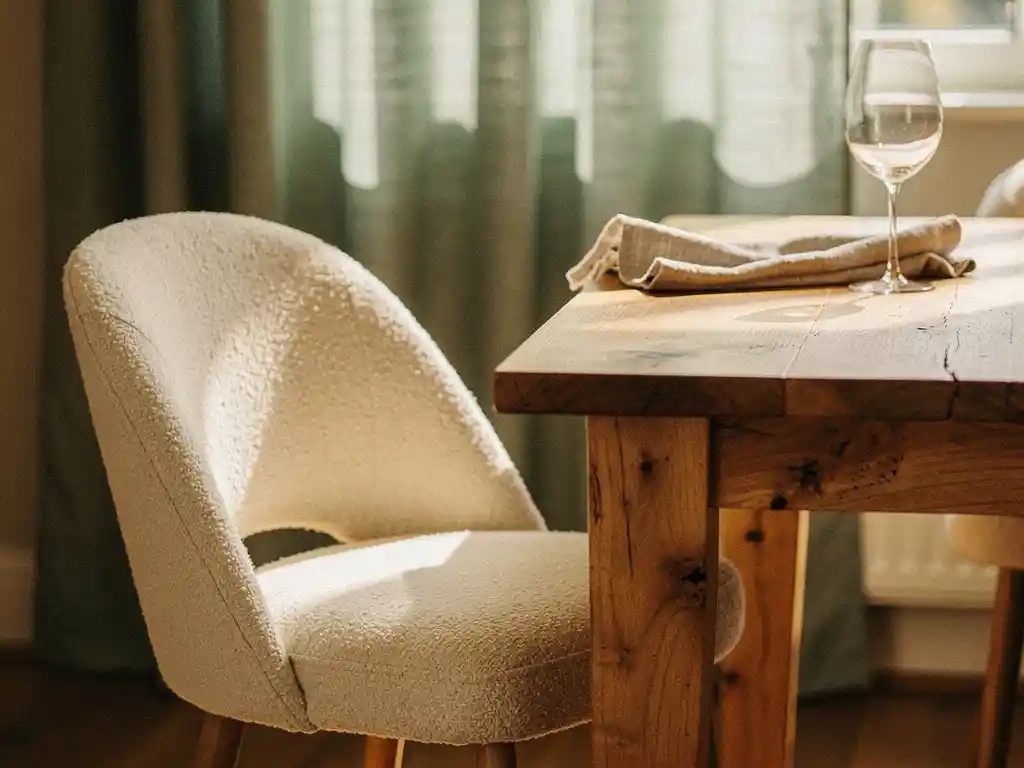 Ronde boucléstoel in warm ivoor aan rustieke eiken eettafel, zacht middaglicht door linnen gordijnen, wijnglas en servet op de voorgrond.