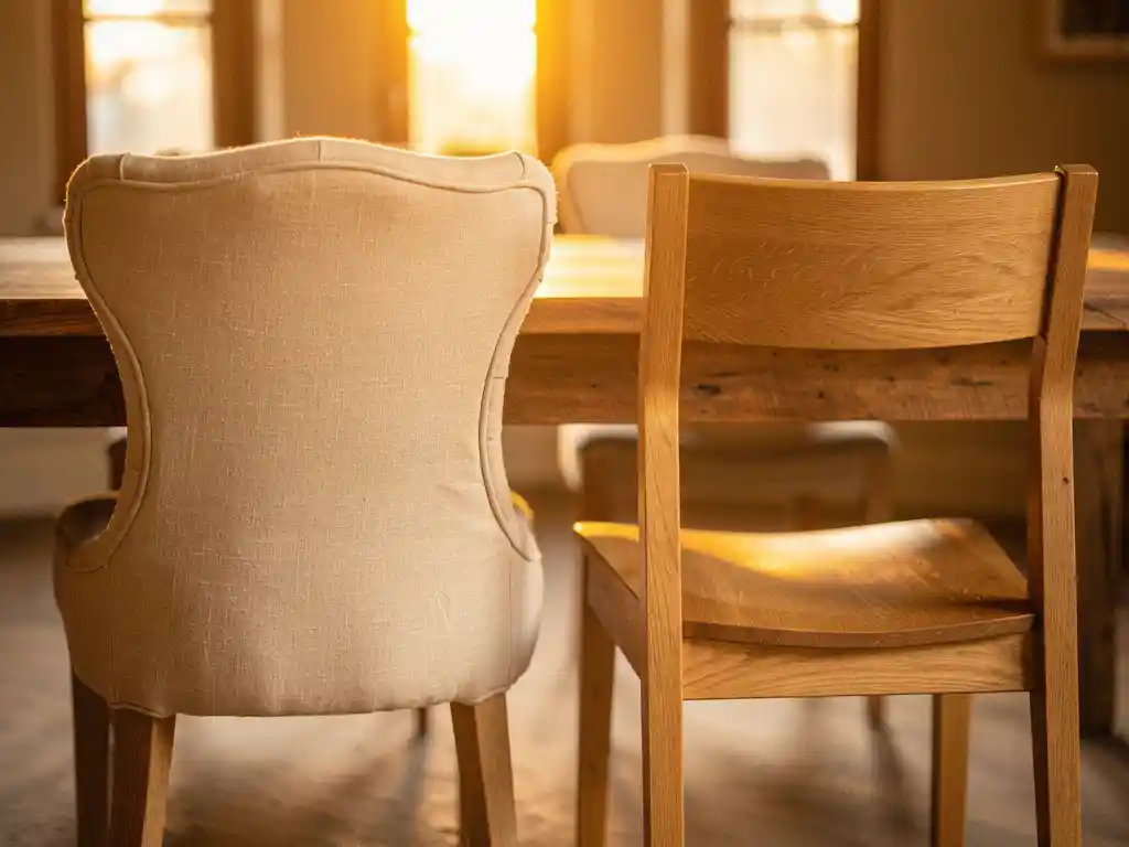 Gestoffeerde linnen eetkamerstoel naast een eiken houten stoel aan een rustieke tafel in een Nederlands interieur showroom.