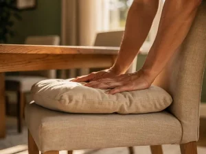 Persoon test de stevigheid van een linnen eetkamerstoel met beide handpalmen, natuurlijke eiken tafel en middaglicht op de achtergrond.