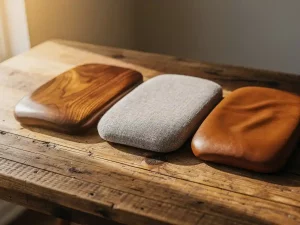 Drie eetkamerstoel staalkaarten op rustiek eiken: walnouthout, linnen stof en cognac leer met natuurlijke texturen in warm daglicht.