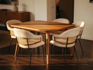Eetkamerstoelen met bouclé bekleding en matte zwarte poten rond een eiken tafel in een Nederlands interieur showroom met warme terracottakleuren.