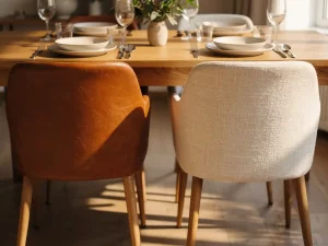 Twee elegante eetkamerstoelen in cognackleurig leer en geweven stof aan een eiken tafel, warm middaglicht.