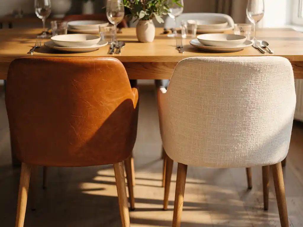 Twee elegante eetkamerstoelen in cognackleurig leer en geweven stof aan een eiken tafel, warm middaglicht.
