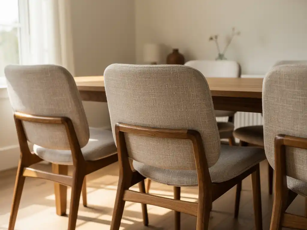 Eetkamerstoelen met linnen bekleding en houten poten rond een eiken tafel in Scandinavisch interieur, zacht middaglicht.