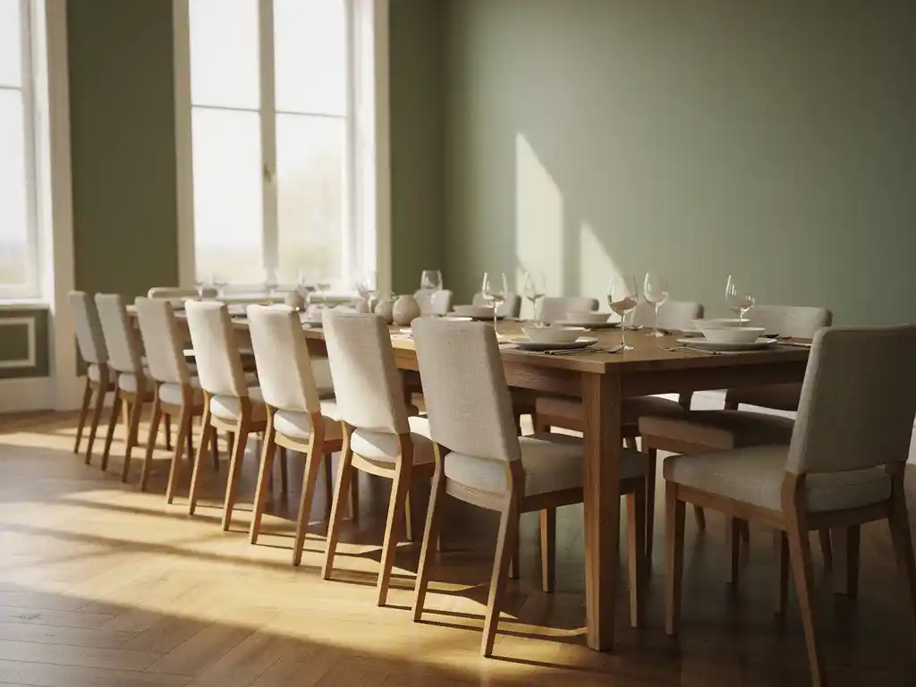 Eetkamerstoelen met linnen bekleding en eiken frame rond een lange eiken tafel, zacht middaglicht, saliegroen interieur.