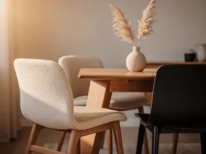 Sculptural eetkamerstoelen van linnen en eik met rotan details rond een massief eiken tafel, pampagras in keramische vaas, warm middaglicht.