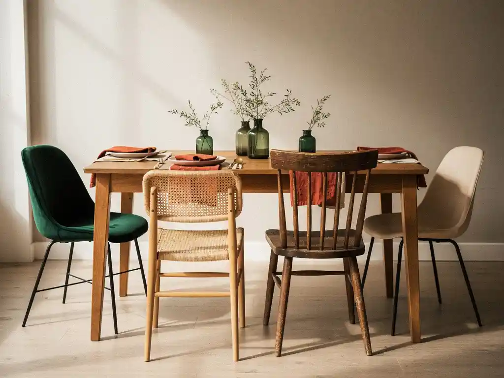 Eettafel van warm eikenhout omringd door vier verschillende stoelen in terracotta, crème en bosgroen, verlicht door zacht natuurlijk raamlicht.