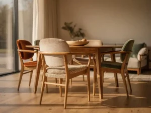Gemengde eetkamerstoelen van linnen, fluweel en rotan rond een eiken tafel in warme zand- en cognactinten.