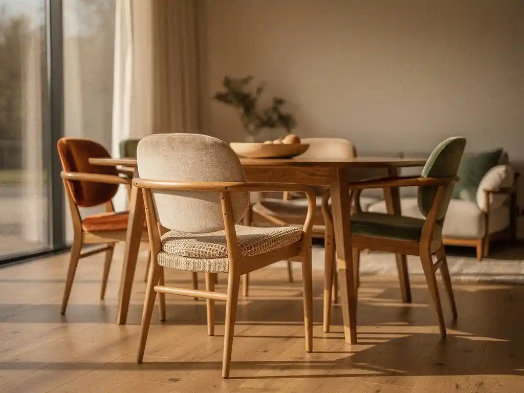 Gemengde eetkamerstoelen van linnen, fluweel en rotan rond een eiken tafel in warme zand- en cognactinten.