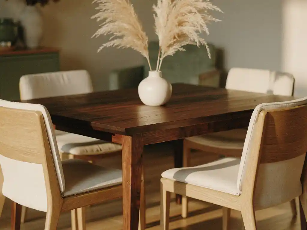 Eettafel van donker walnoot met linnen stoelen, keramieken vaas met pampagras en warm middagzonlicht op de houtnerf.