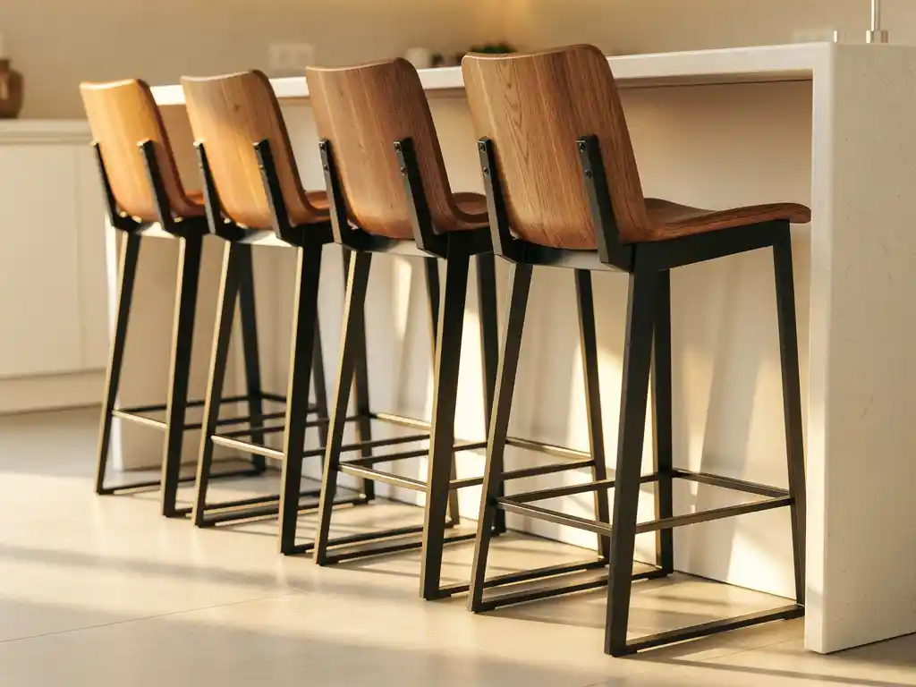 Rij massief eiken barkrukken met matzwart stalen onderstel aan een keukeneiland in een crème interieur.