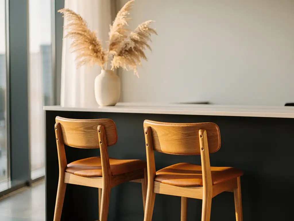Natuurlijke eiken barkrukken met leren zitting aan strakke receptiebalie, warm ochtendlicht en pampasgras in minimalistische vaas.