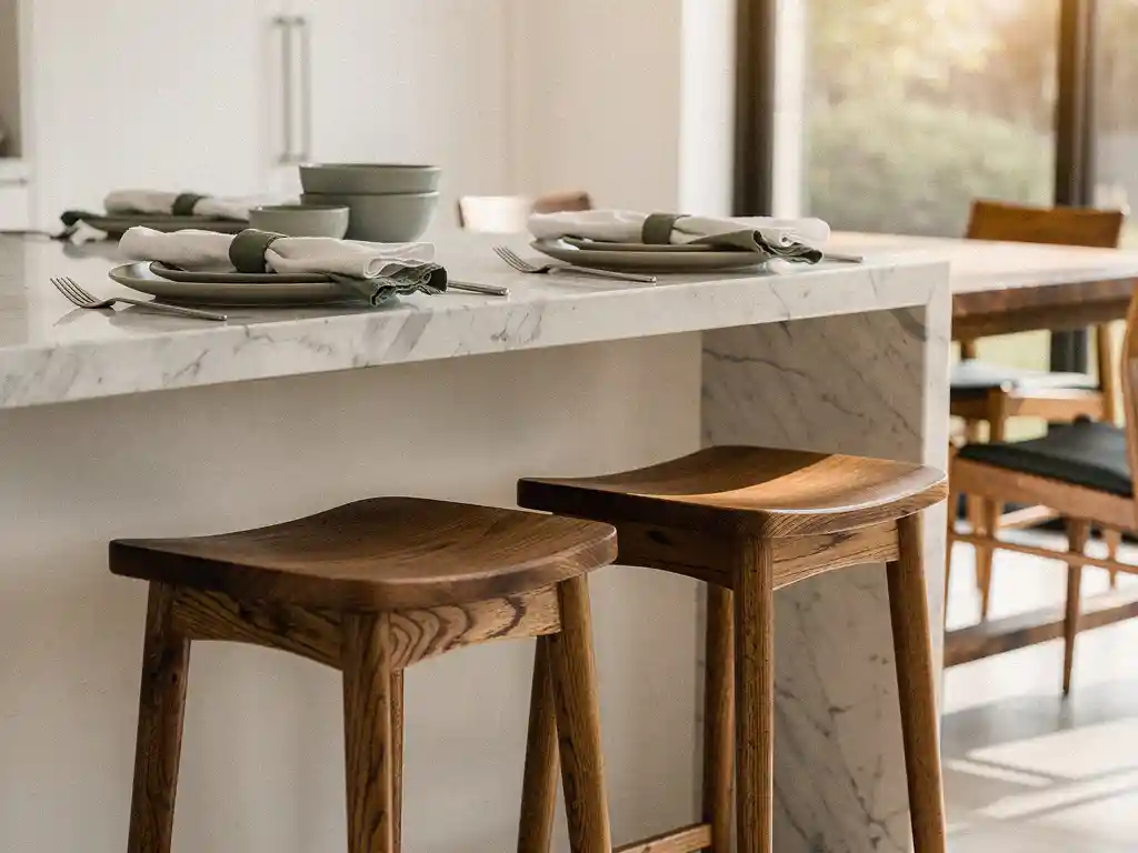 Eiken barkrukken onder marmeren keukenbar, rustieke eettafel met linnen servetten en keramiek op de achtergrond, natuurlijk licht.