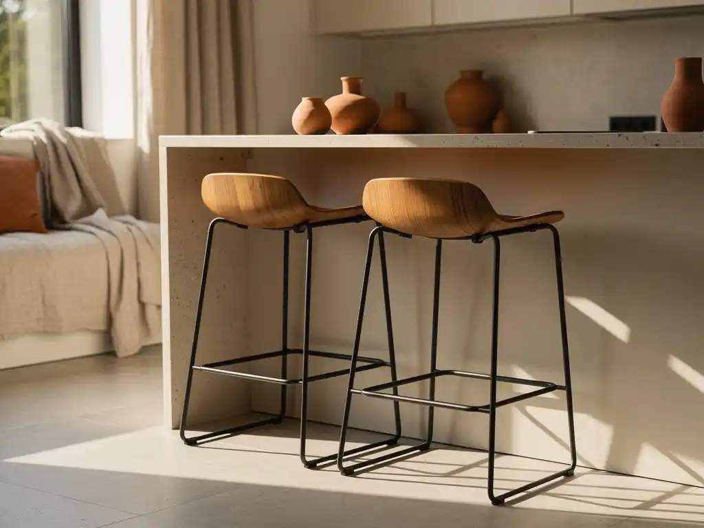 Twee elegante barkrukken met eiken zitting en mat zwart metalen frame aan een keukeneiland in zacht ochtendlicht.