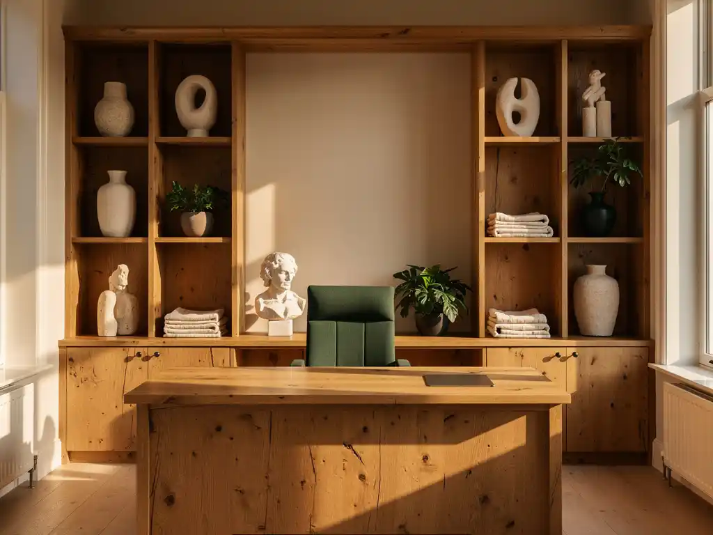 Op maat gemaakt eiken bureau in een Nederlandse kantoornis met boekenplanken, linnen accenten en warm ambergroen licht door hoge ramen.